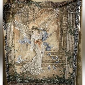 Angel Tapestry Wall Hanging - Neutral Beige and Blue Accents